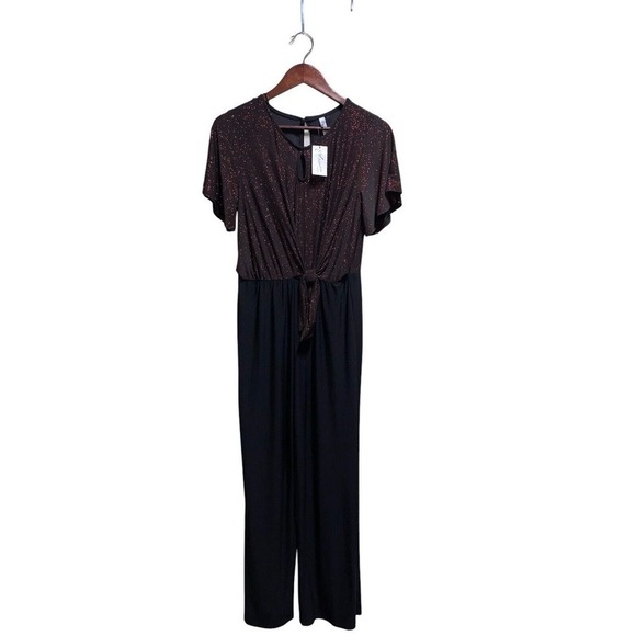 Red glitter&Black w/tie waist one piece jumpsuit by NY Collections. Sz Petite M - Picture 1 of 3